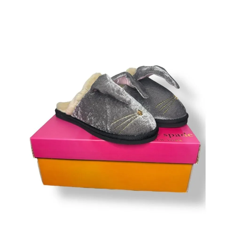 Kate Spade New York Bonnie‎ Bunny Slippers Grey Velvet Women’s 6 NEW Rare